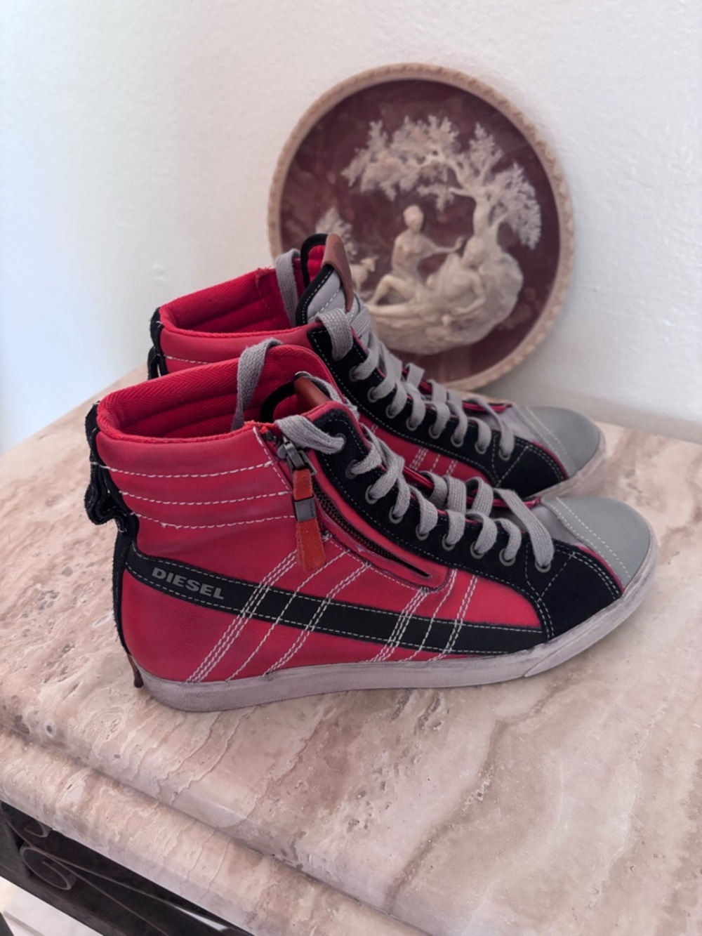 Diesel Red and Black High-Top Sneakers with Gray Laces